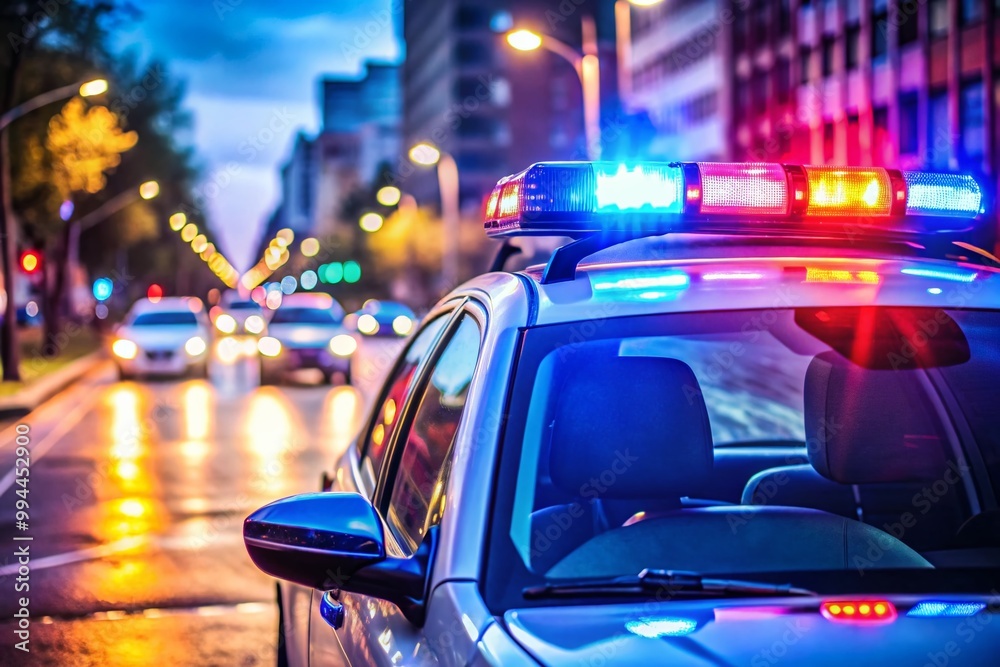 Side View of a Police Car Parked on the Street with Emergency Lights Flashing in the Background Side View of a Police Car Parked on the Street with Emergency Lights Flashing in the Background