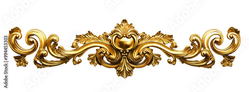 Golden ornament with vintage design, retro decorative element isolated, ornate classic curves, royal gold embellishment, antique style border on transparent background