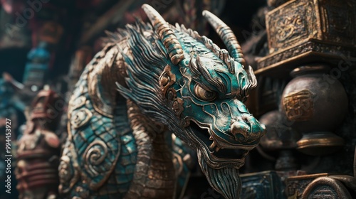 Close-up of a Detailed Green and Gold Dragon Statue