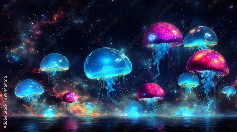 Fototapeta premium colorful magic jellyfish-mushroom world dark space background electric wallpaper