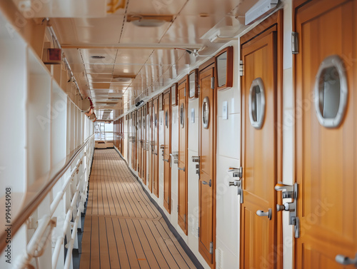 Rows of white cabins with blue doors and portholes on a cruise ship deck.