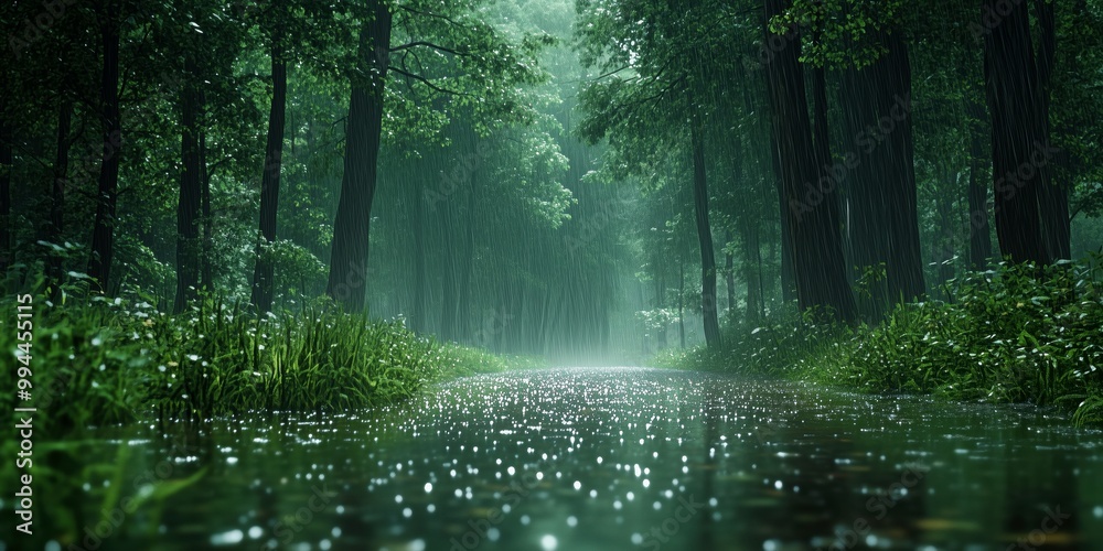 A peaceful green forest with a reflective puddle and misty air, featuring tall trees and soft sunlight filtering through the canopy in a tranquil landscape. A peaceful green forest with a reflective puddle and misty air, featuring tall trees and soft sunlight filtering through the canopy in a tranquil landscape.