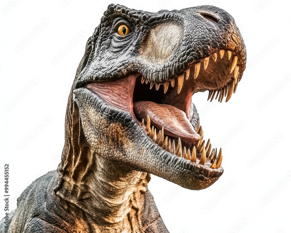 Obraz premium Fierce Tirannosaurus rex dinosaur with open mouth roaring. T-Rex isolated in white background.