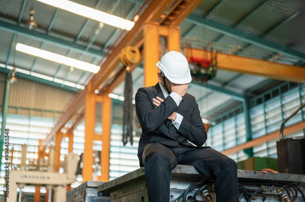 engineer, technician, helmet, maintenance, manufacture, machinery, foreman, hard hat, hardhat, machine. A man in a suit sits on a table in a factory. He is wearing a hard hat and he is in deep thought engineer, technician, helmet, maintenance, manufacture, machinery, foreman, hard hat, hardhat, machine. A man in a suit sits on a table in a factory. He is wearing a hard hat and he is in deep thought