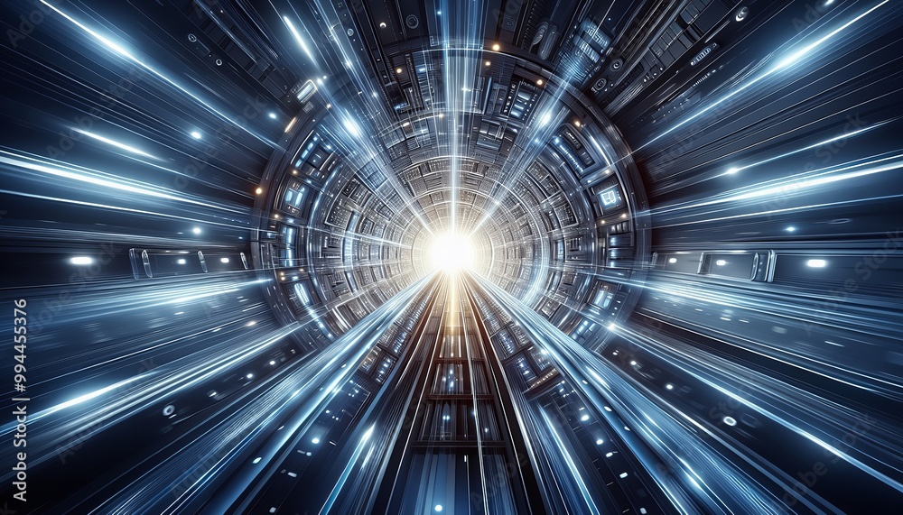 A futuristic tunnel with bright lights symbolizing speed and progress.
A futuristic tunnel with bright lights symbolizing speed and progress.