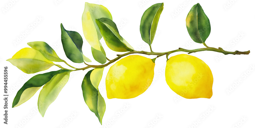 Lemon painted in watercolor style, isolated fruit branch with citrus details, yellow and green tropical leaves, food illustration, summer organic design Lemon painted in watercolor style, isolated fruit branch with citrus details, yellow and green tropical leaves, food illustration, summer organic design