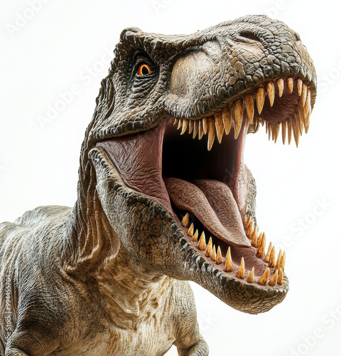 Fierce Tirannosaurus rex dinosaur with open mouth roaring. T-Rex isolated in white background. photo