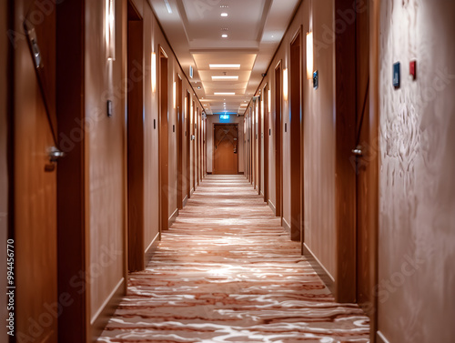 Row of hotel room doors with identical design and unique room numbers on each one.