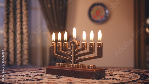 A traditional menorah with eight lit candles on a patterned table cloth. photo