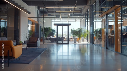 Sleek, modern financial technology startup office with open space,