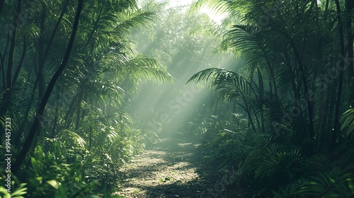 Lush Green Jungle Path with Sunlight Streaming Through