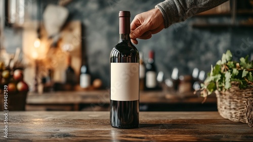 a man  hand puts a bottle of good red wine on the table