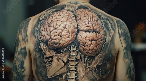 Realistic Skull and Brain Back Tattoo: A Masterpiece of Body Art photo