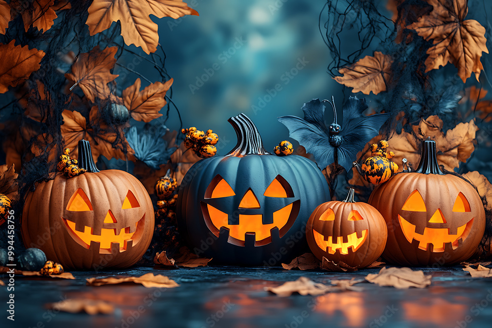 several illuminated Jack-o'-lanterns glow with fiery light in a dark, spooky Halloween scene, surrounded by flying bats and burning embers several illuminated Jack-o'-lanterns glow with fiery light in a dark, spooky Halloween scene, surrounded by flying bats and burning embers