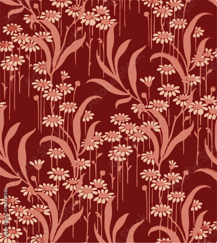 Floral pattern of stylized daisies and leaves in peachy pink on a deep red background.