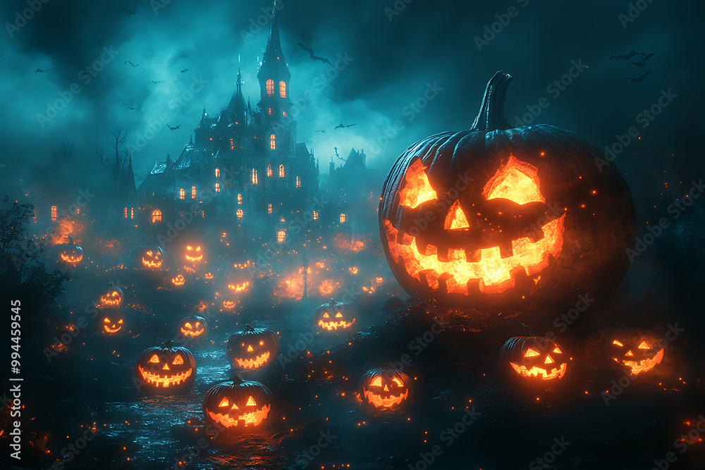 Naklejka premium several illuminated Jack-o'-lanterns glow with fiery light in a dark, spooky Halloween scene, surrounded by flying bats and burning embers