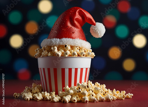 Xmas popcorn with Santa hat to enjoy holiday Christmas movie time