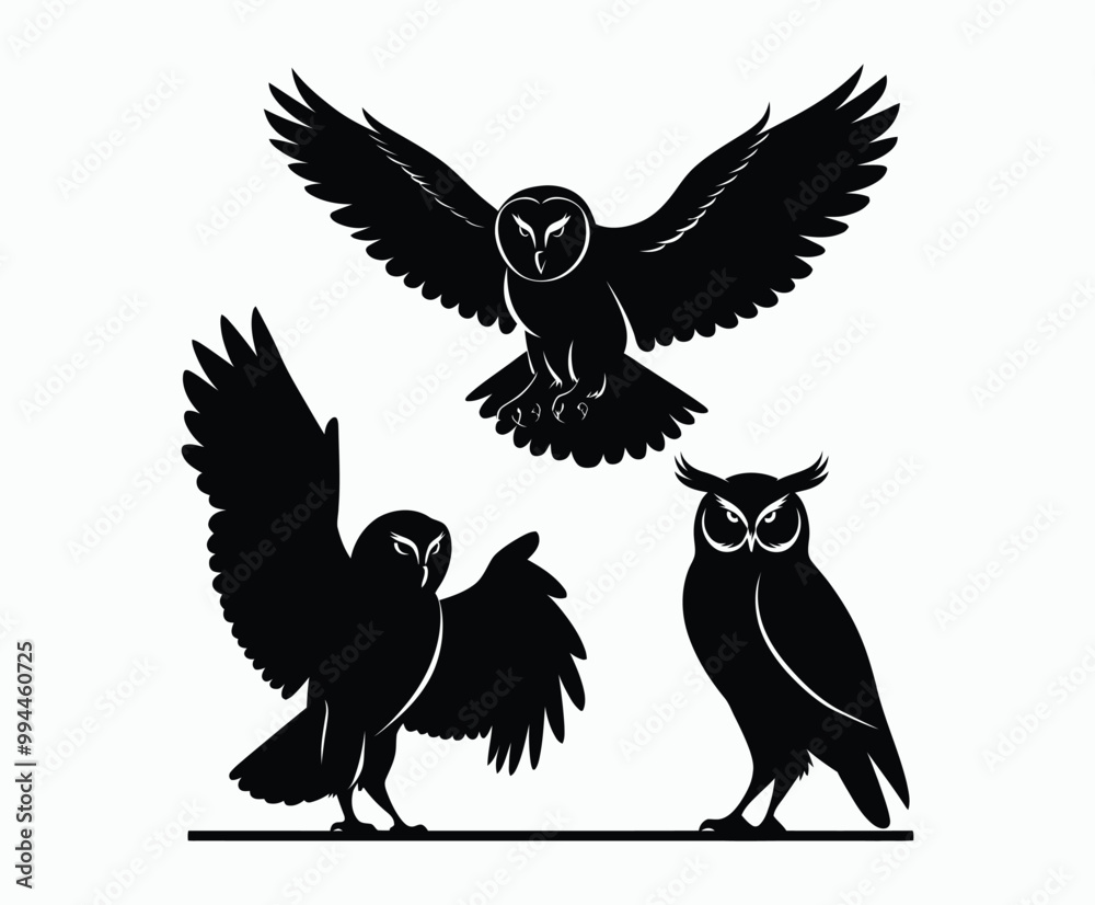 Obraz premium Owl bird silhouette editable EPS vector isolated illustration template on a white background