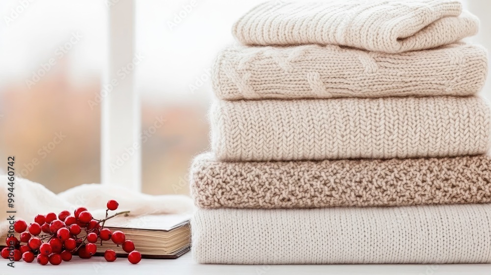 A stack of knitted sweaters sits neatly with books and red berries on top, bathed in soft light near a window adorned with twinkling lights, creating a cozy atmosphere A stack of knitted sweaters sits neatly with books and red berries on top, bathed in soft light near a window adorned with twinkling lights, creating a cozy atmosphere