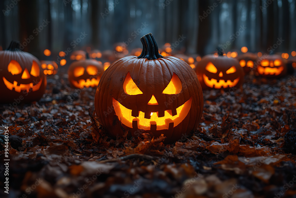 several illuminated Jack-o'-lanterns glow with fiery light in a dark, spooky Halloween scene, surrounded by flying bats and burning embers