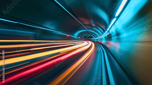 Tunnel with car speeding through, blurred motion creating abstract light trails, fast night traffic on illuminated road, blue tinted urban transportation scene