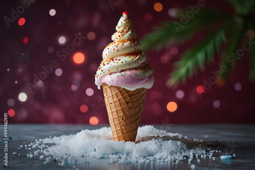 best Christmas ice-cream design in a  multi color bokeh lights shiny festive decoration background