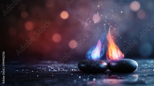 A captivating display of fire and ice on smooth stones against a blurred back...