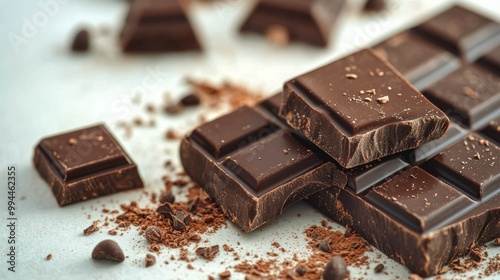 Delightful dark chocolate pieces scattered on a gray surface with chips and c...