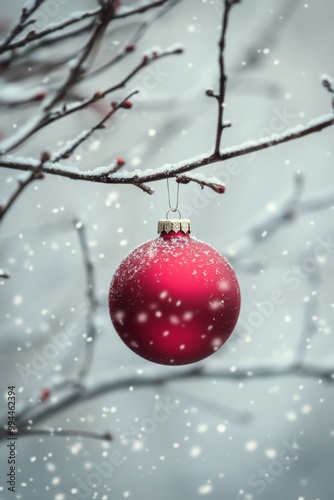 A vivid red Christmas ornament hanging from a snowy evergreen branch during w...
