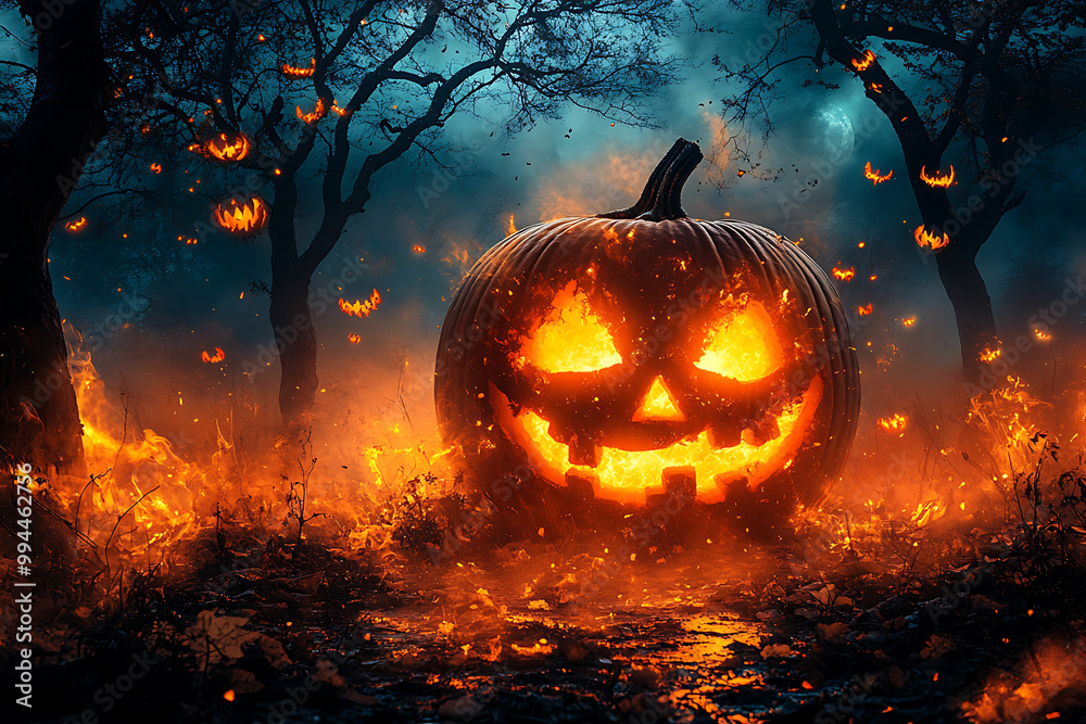 Naklejka premium A carved Jack-o'-lantern illuminated in a misty, eerie Halloween setting, surrounded by pumpkins and autumn leaves in front of a haunted house.