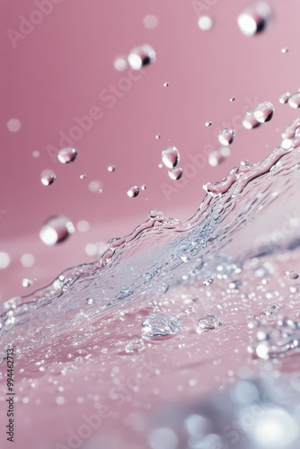 Captivating water droplets creating ripples against a soft pink backdrop in a...