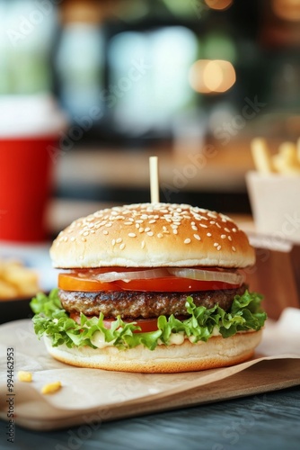 Delicious sesame seed burger with lettuce, tomato, and fries in a casual dini...