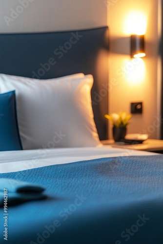 Cozy bedroom with soft pillows and warm lighting in a modern urban hotel setting