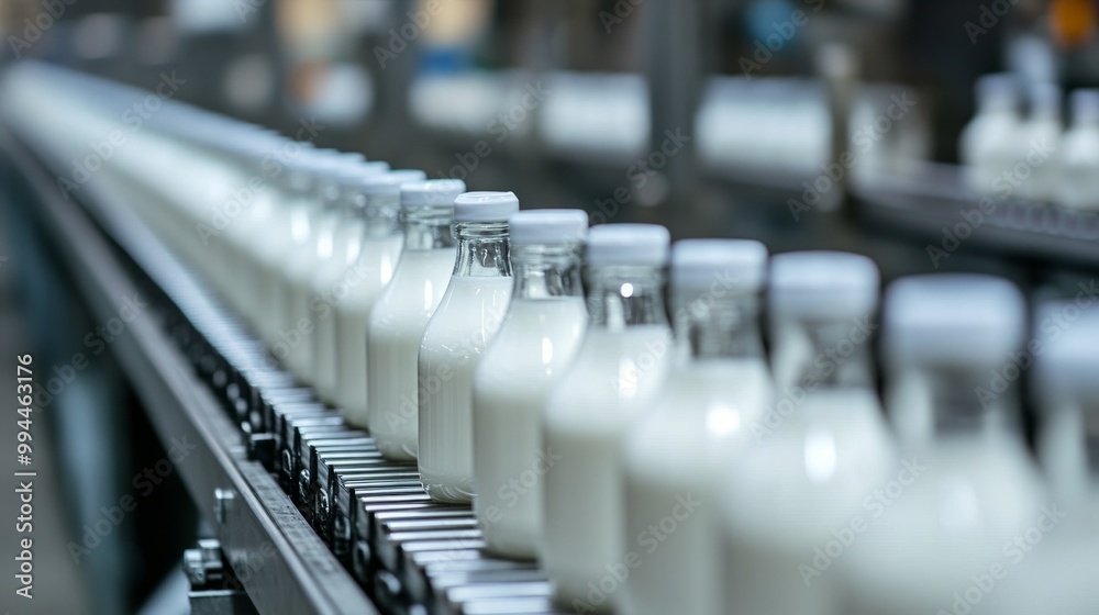 glass bottles with milk on the factory line . selective focus glass bottles with milk on the factory line . selective focus