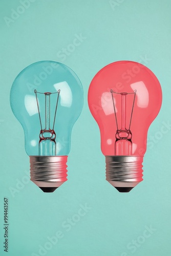 Two light bulbs glowing softly against a colorful, blurred background with bo...