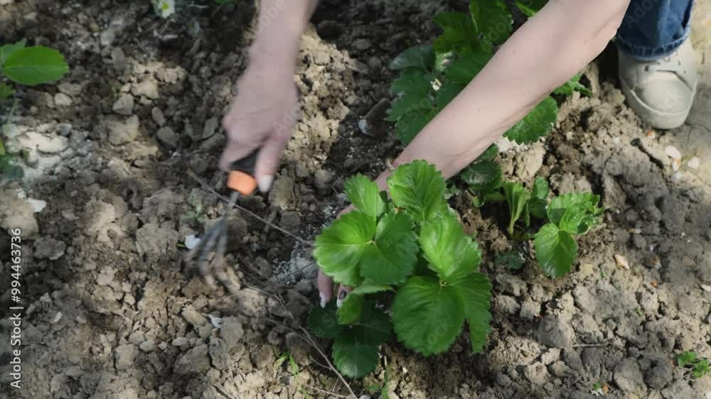 Cultivation and loosening of soil for flowering strawberries. Fertilizing strawberries with organic granular fertilizers. Organic gardening and fertilizers. Cultivation and loosening of soil for flowering strawberries. Fertilizing strawberries with organic granular fertilizers. Organic gardening and fertilizers.