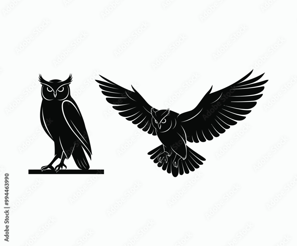 Fototapeta premium Owl bird silhouette editable EPS vector isolated illustration template on a white background