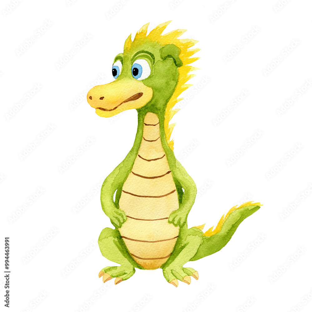 Fototapeta premium Green and yellow dragon. Isolated watercolor illustration on white background. For baby shower design, postcard, wrapping, invitations, cards, posters