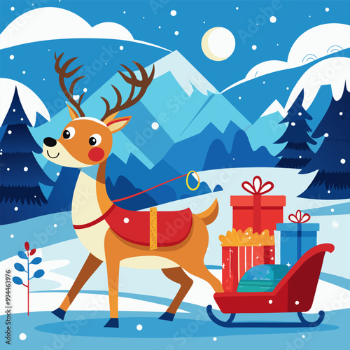 A cheerful reindeer pulling a sleigh full of presents through a snowy winter wonderland. This festive illustration is perfect for holiday cards, gift wrap, or any winter-themed project.