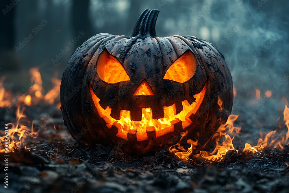 A carved Jack-o'-lantern illuminated in a misty, eerie Halloween setting, surrounded by pumpkins and autumn leaves in front of a haunted house.
A carved Jack-o'-lantern illuminated in a misty, eerie Halloween setting, surrounded by pumpkins and autumn leaves in front of a haunted house.