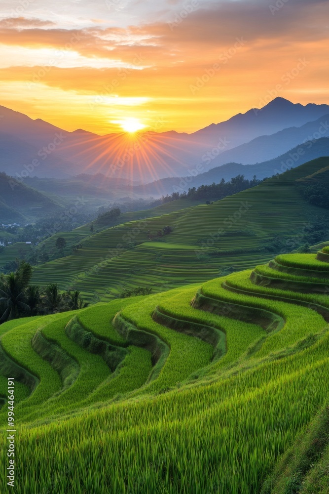 Obraz premium Sunset over lush terraced rice fields in mountainous landscape with vibrant sky