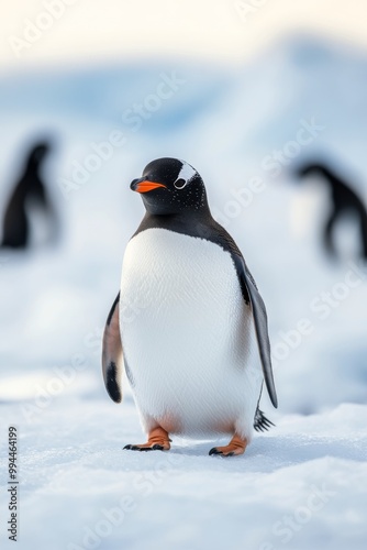 Gentoo penguin standing on snowy landscape with fellow penguins in the backgr...