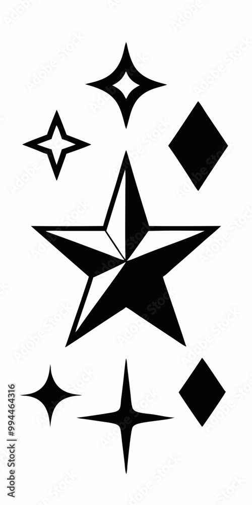 A set of five black and white stars, including a large five-pointed star, smaller four-pointed stars, and diamond shapes. A set of five black and white stars, including a large five-pointed star, smaller four-pointed stars, and diamond shapes.