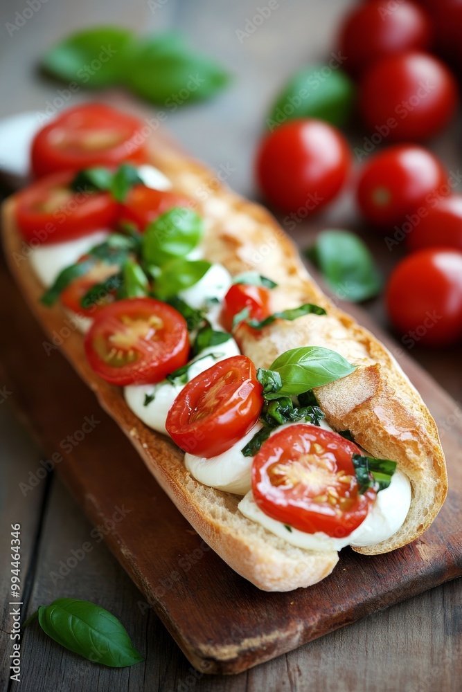 Freshly prepared tomato and mozzarella baguette with basil on a wooden board Freshly prepared tomato and mozzarella baguette with basil on a wooden board