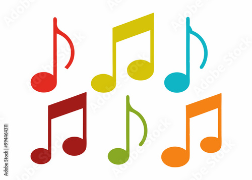 A set of colorful music notes, perfect for adding a touch of whimsy and musicality to your designs. These simple yet cheerful graphics are ideal for kids' projects, music-related themes.