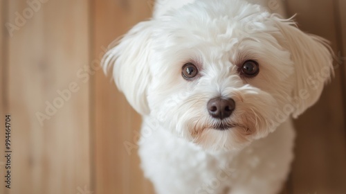 Adorable white dog sits on wooden floor, gazing curiously at the camera in br...