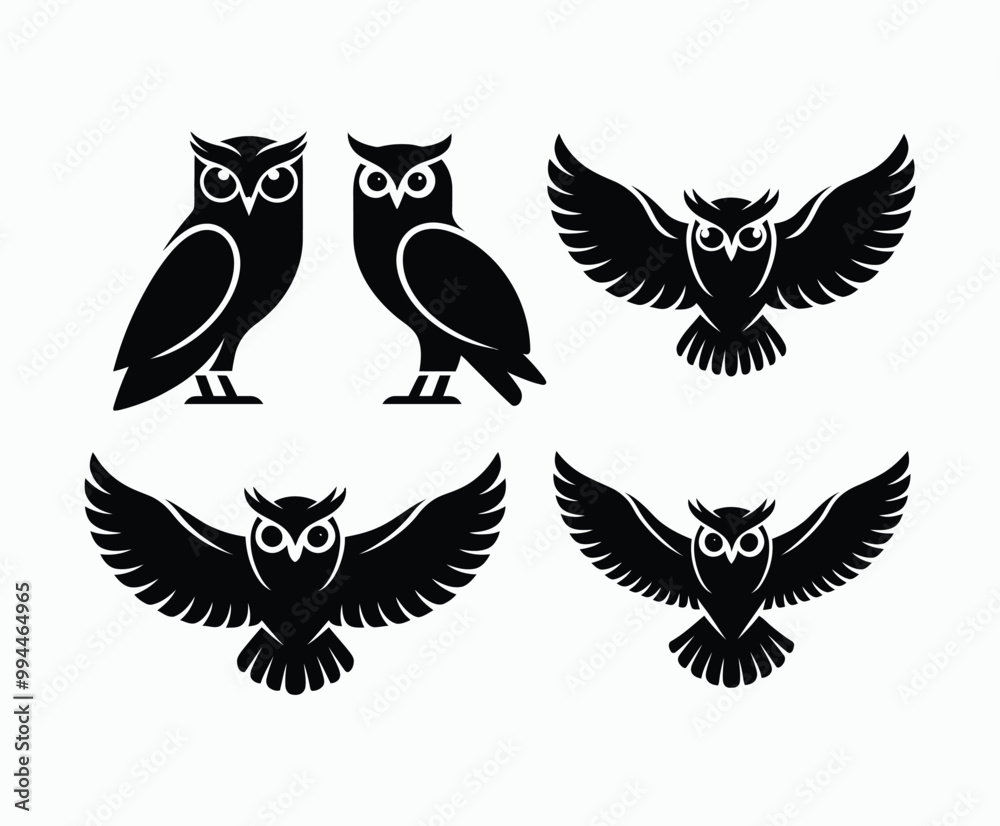 Obraz premium Owl bird silhouette editable EPS vector isolated illustration template on a white background