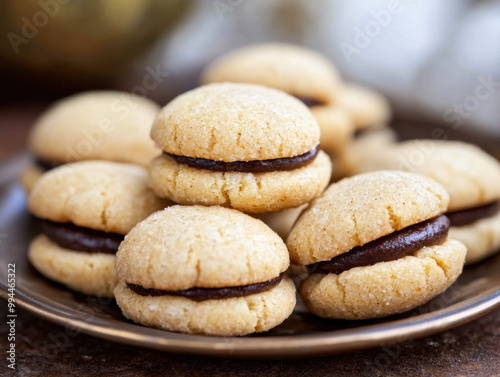 Baci di Dama cookies. Italian Piedmont sandwich biscuit consisting of two hazelnut biscuits joined together by a chocolate filling.