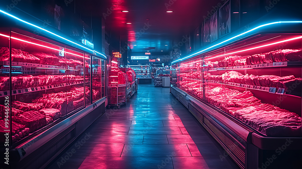 Meat aisle with various cuts displayed in a refrigerated grocery section. close-up of a meat fridge in a grocery store filled with various cuts of fresh meat various cuts of beef, pork and other meats Meat aisle with various cuts displayed in a refrigerated grocery section. close-up of a meat fridge in a grocery store filled with various cuts of fresh meat various cuts of beef, pork and other meats