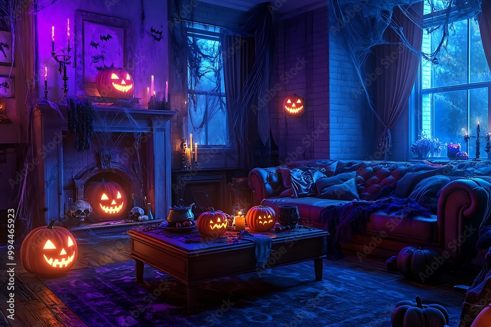 Spooky Halloween living room with jack o lanterns, candles, and dark ambiance